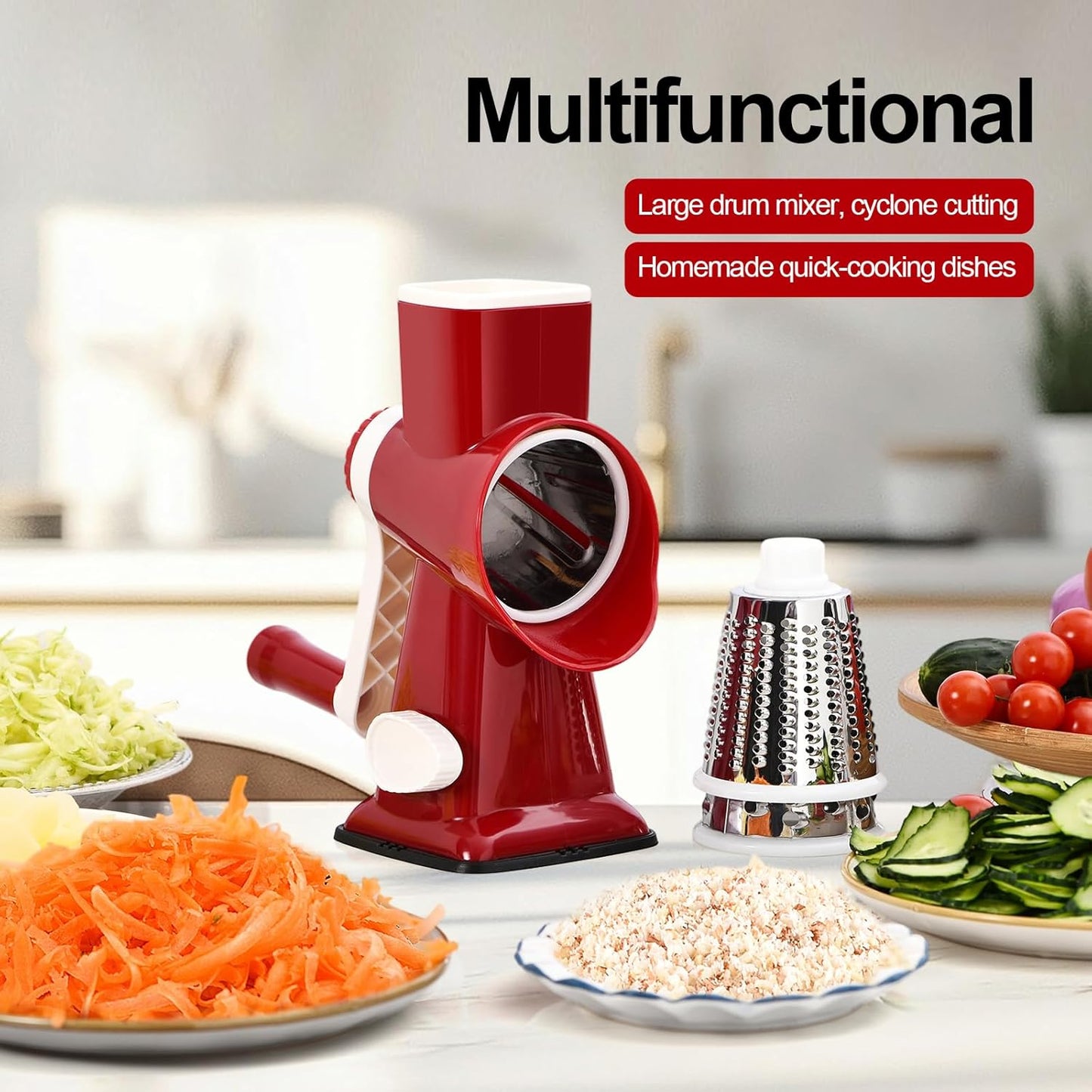 Rotary Cheese Grater Manual Hand Crank 3-in-1 Vegetable Shredde | Finger-safe design, stainless steel drums, suction base. Perfect for cheese, vegetables, nuts & chocolate. Easy to clean