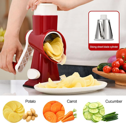 Rotary Cheese Grater Manual Hand Crank 3-in-1 Vegetable Shredde | Finger-safe design, stainless steel drums, suction base. Perfect for cheese, vegetables, nuts & chocolate. Easy to clean