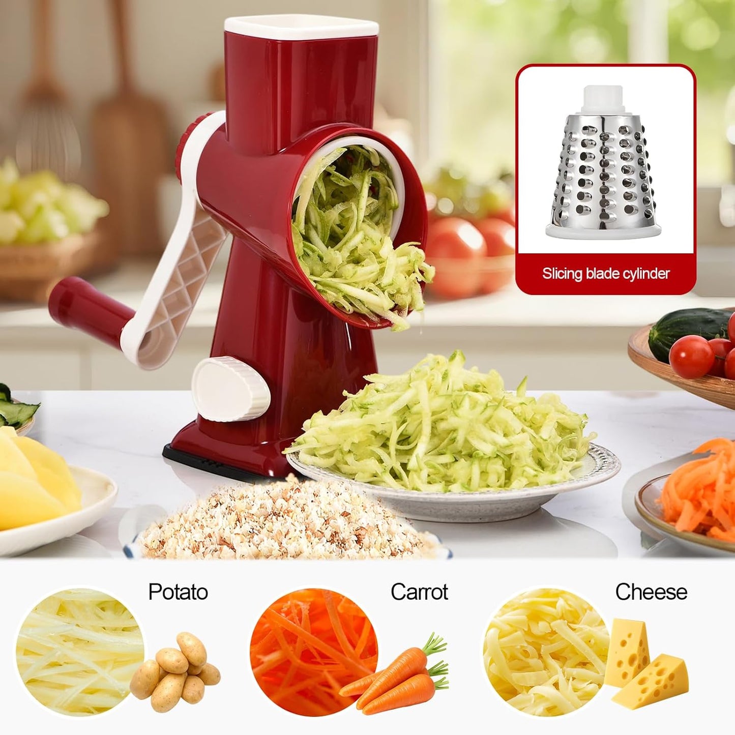 Rotary Cheese Grater Manual Hand Crank 3-in-1 Vegetable Shredde | Finger-safe design, stainless steel drums, suction base. Perfect for cheese, vegetables, nuts & chocolate. Easy to clean