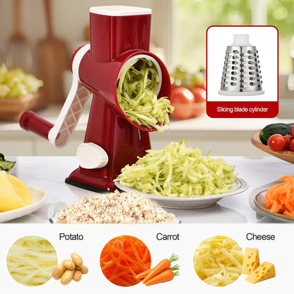 Rotary Cheese Grater Manual Hand Crank 3-in-1 Vegetable Shredde | Finger-safe design, stainless steel drums, suction base. Perfect for cheese, vegetables, nuts & chocolate. Easy to clean