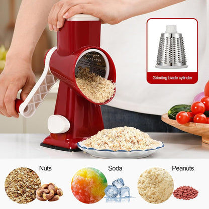 Rotary Cheese Grater Manual Hand Crank 3-in-1 Vegetable Shredde | Finger-safe design, stainless steel drums, suction base. Perfect for cheese, vegetables, nuts & chocolate. Easy to clean