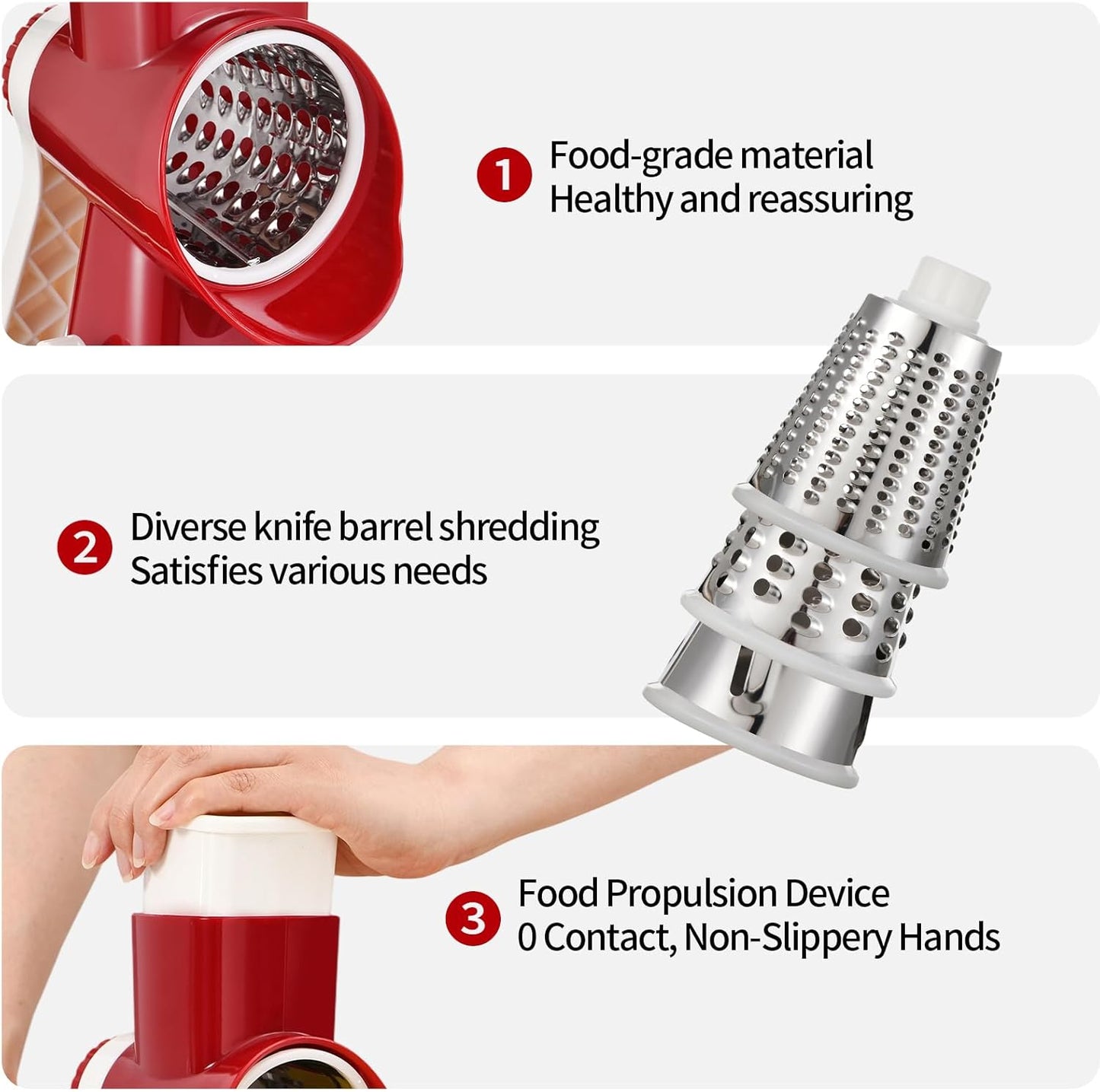 Rotary Cheese Grater Manual Hand Crank 3-in-1 Vegetable Shredde | Finger-safe design, stainless steel drums, suction base. Perfect for cheese, vegetables, nuts & chocolate. Easy to clean
