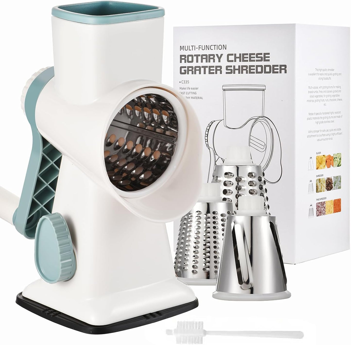 Rotary Cheese Grater Manual Hand Crank 3-in-1 Vegetable Shredde | Finger-safe design, stainless steel drums, suction base. Perfect for cheese, vegetables, nuts & chocolate. Easy to clean