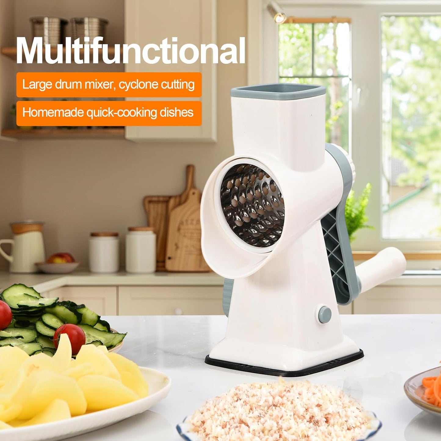 Rotary Cheese Grater Manual Hand Crank 3-in-1 Vegetable Shredde | Finger-safe design, stainless steel drums, suction base. Perfect for cheese, vegetables, nuts & chocolate. Easy to clean