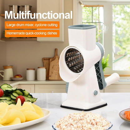 Rotary Cheese Grater Manual Hand Crank 3-in-1 Vegetable Shredde | Finger-safe design, stainless steel drums, suction base. Perfect for cheese, vegetables, nuts & chocolate. Easy to clean