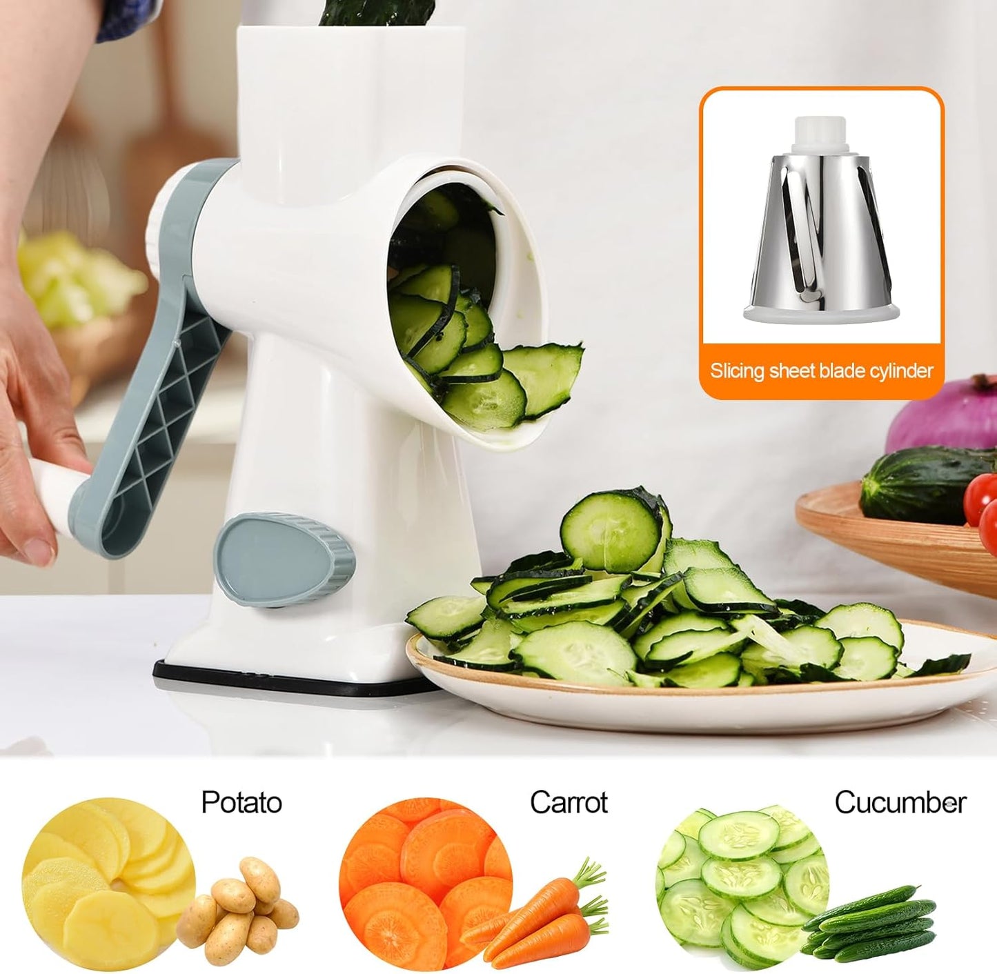 Rotary Cheese Grater Manual Hand Crank 3-in-1 Vegetable Shredde | Finger-safe design, stainless steel drums, suction base. Perfect for cheese, vegetables, nuts & chocolate. Easy to clean