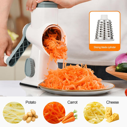 Rotary Cheese Grater Manual Hand Crank 3-in-1 Vegetable Shredde | Finger-safe design, stainless steel drums, suction base. Perfect for cheese, vegetables, nuts & chocolate. Easy to clean