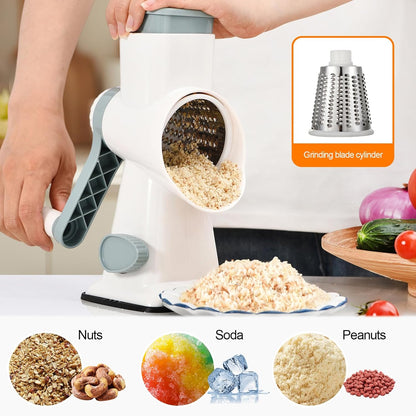 Rotary Cheese Grater Manual Hand Crank 3-in-1 Vegetable Shredde | Finger-safe design, stainless steel drums, suction base. Perfect for cheese, vegetables, nuts & chocolate. Easy to clean