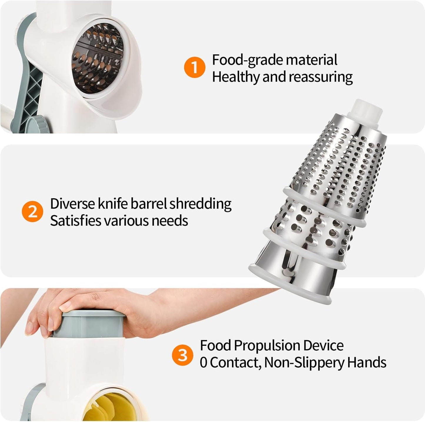 Rotary Cheese Grater Manual Hand Crank 3-in-1 Vegetable Shredde | Finger-safe design, stainless steel drums, suction base. Perfect for cheese, vegetables, nuts & chocolate. Easy to clean