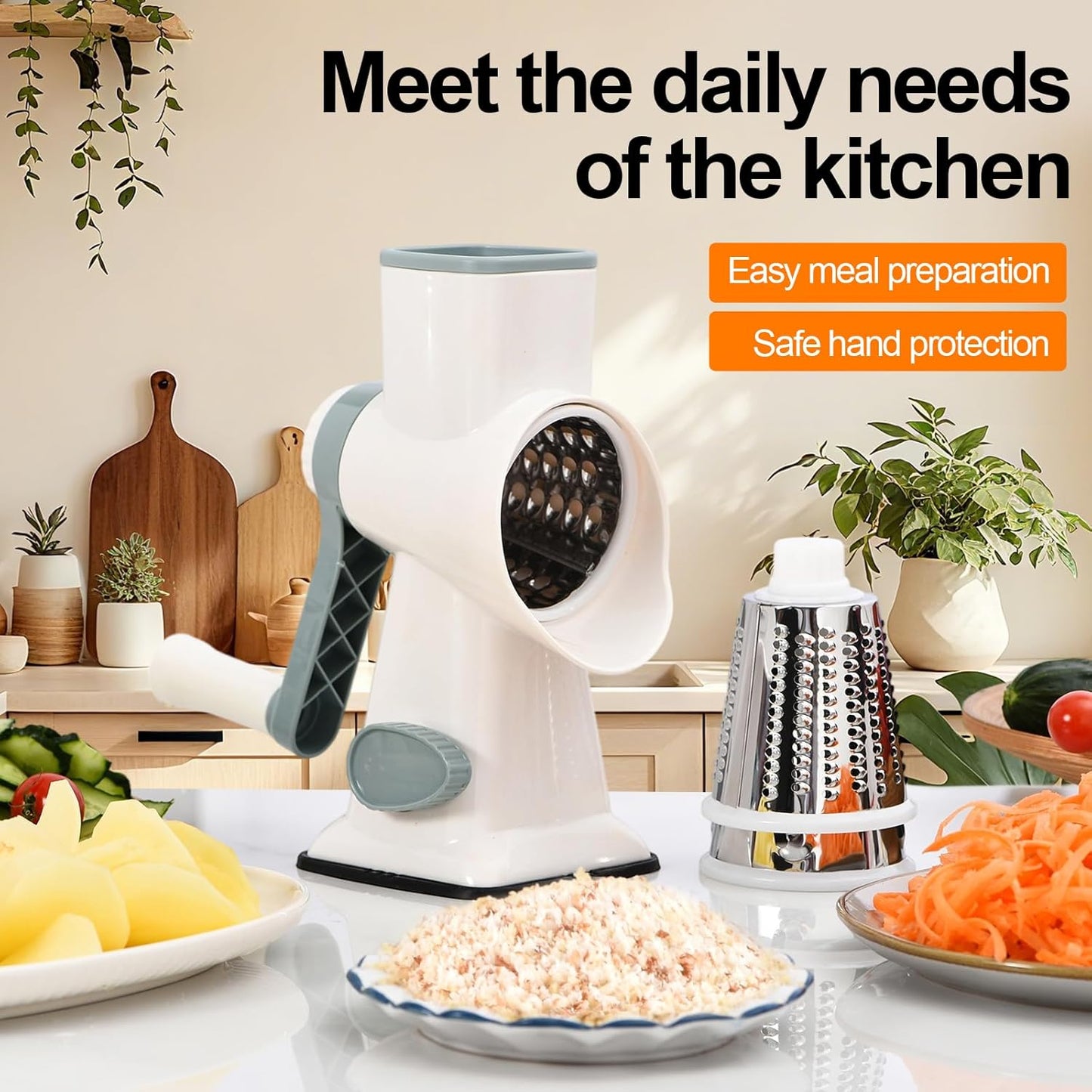 Rotary Cheese Grater Manual Hand Crank 3-in-1 Vegetable Shredde | Finger-safe design, stainless steel drums, suction base. Perfect for cheese, vegetables, nuts & chocolate. Easy to clean