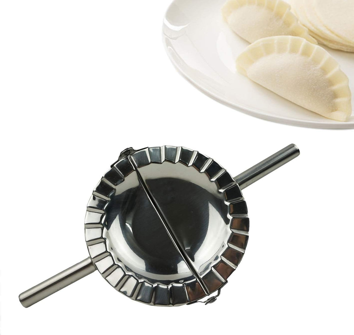 Stainless Steel Dumpling Maker, X-Large 5" Goya Empanada Press Mold, Ravioli Mould Crimper, Wraper Dough Cutter - for Pie Ravioli Chinese Dumpling Pastry, with long handle (XL 5" Dia)