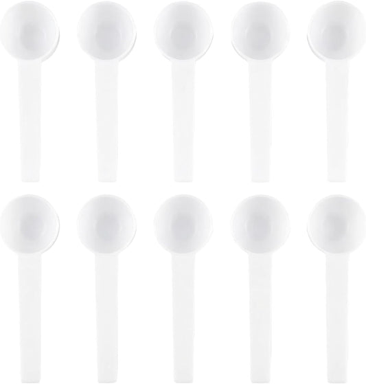 10Pcs 5 Gram/10 ml White Plastic Tablespoon Measuring Spoons with Long Handle Mini Powder Scoops Tiny Spoons for Measuring Coffee Grains Protein Spices (Round Bottom)