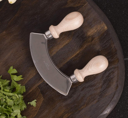 Double Mezzaluna Vegetable Chopper Rocking Knife, 5.5-Inch Stainless Steel Blade with Beechwood Handles, The Italian Market Original since 1906,Brown