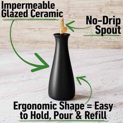 Ceramic Olive Oil Dispenser with Self-Closing Gold Spout, 530mL, Leakproof | Leak Proof EVOO Dispensing Bottle, Stainless Steel Self-Closing Spout, Ergonomic, Durable, Easy Pour, Stylish, 530mL Capacity