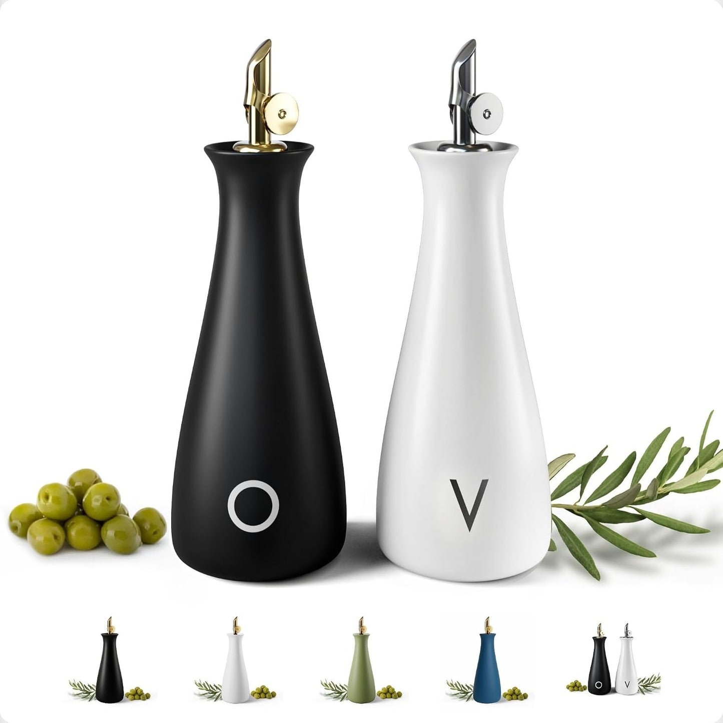 Ceramic Olive Oil Dispenser with Self-Closing Gold Spout, 530mL, Leakproof | Leak Proof EVOO Dispensing Bottle, Stainless Steel Self-Closing Spout, Ergonomic, Durable, Easy Pour, Stylish, 530mL Capacity