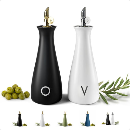 Ceramic Olive Oil Dispenser with Self-Closing Gold Spout, 530mL, Leakproof | Leak Proof EVOO Dispensing Bottle, Stainless Steel Self-Closing Spout, Ergonomic, Durable, Easy Pour, Stylish, 530mL Capacity