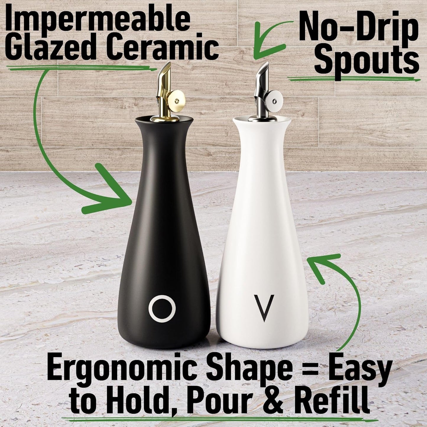 Ceramic Olive Oil Dispenser with Self-Closing Gold Spout, 530mL, Leakproof | Leak Proof EVOO Dispensing Bottle, Stainless Steel Self-Closing Spout, Ergonomic, Durable, Easy Pour, Stylish, 530mL Capacity