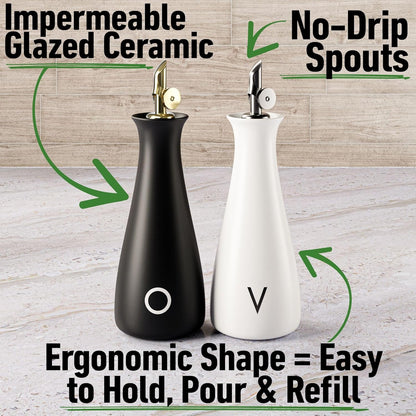 Ceramic Olive Oil Dispenser with Self-Closing Gold Spout, 530mL, Leakproof | Leak Proof EVOO Dispensing Bottle, Stainless Steel Self-Closing Spout, Ergonomic, Durable, Easy Pour, Stylish, 530mL Capacity