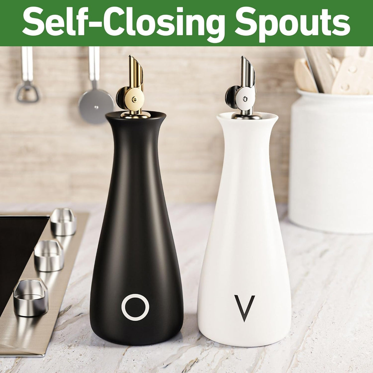 Ceramic Olive Oil Dispenser with Self-Closing Gold Spout, 530mL, Leakproof | Leak Proof EVOO Dispensing Bottle, Stainless Steel Self-Closing Spout, Ergonomic, Durable, Easy Pour, Stylish, 530mL Capacity