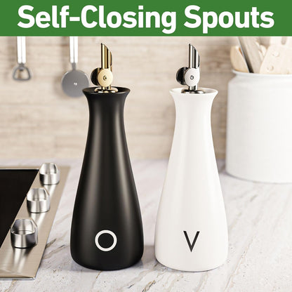 Ceramic Olive Oil Dispenser with Self-Closing Gold Spout, 530mL, Leakproof | Leak Proof EVOO Dispensing Bottle, Stainless Steel Self-Closing Spout, Ergonomic, Durable, Easy Pour, Stylish, 530mL Capacity