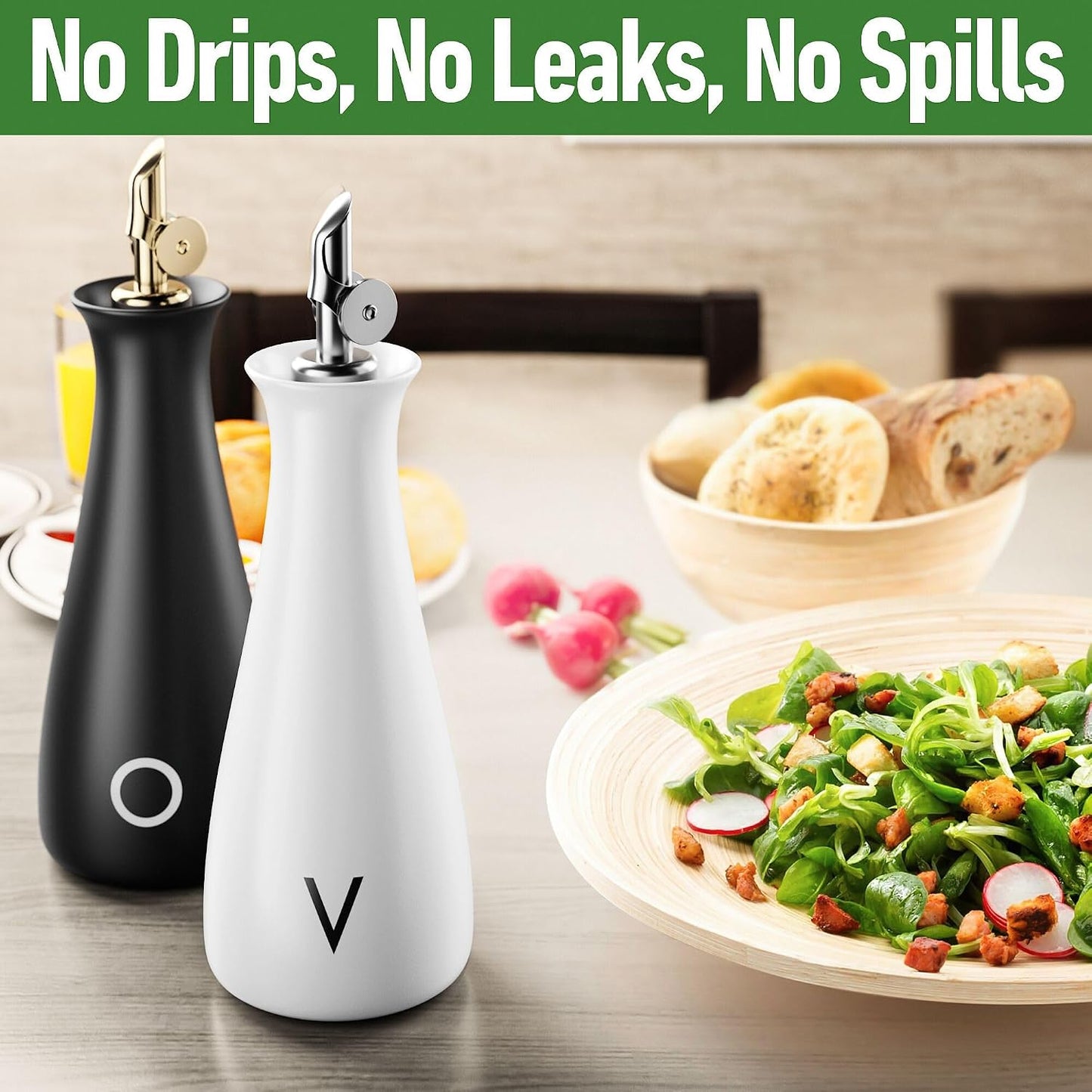 Ceramic Olive Oil Dispenser with Self-Closing Gold Spout, 530mL, Leakproof | Leak Proof EVOO Dispensing Bottle, Stainless Steel Self-Closing Spout, Ergonomic, Durable, Easy Pour, Stylish, 530mL Capacity