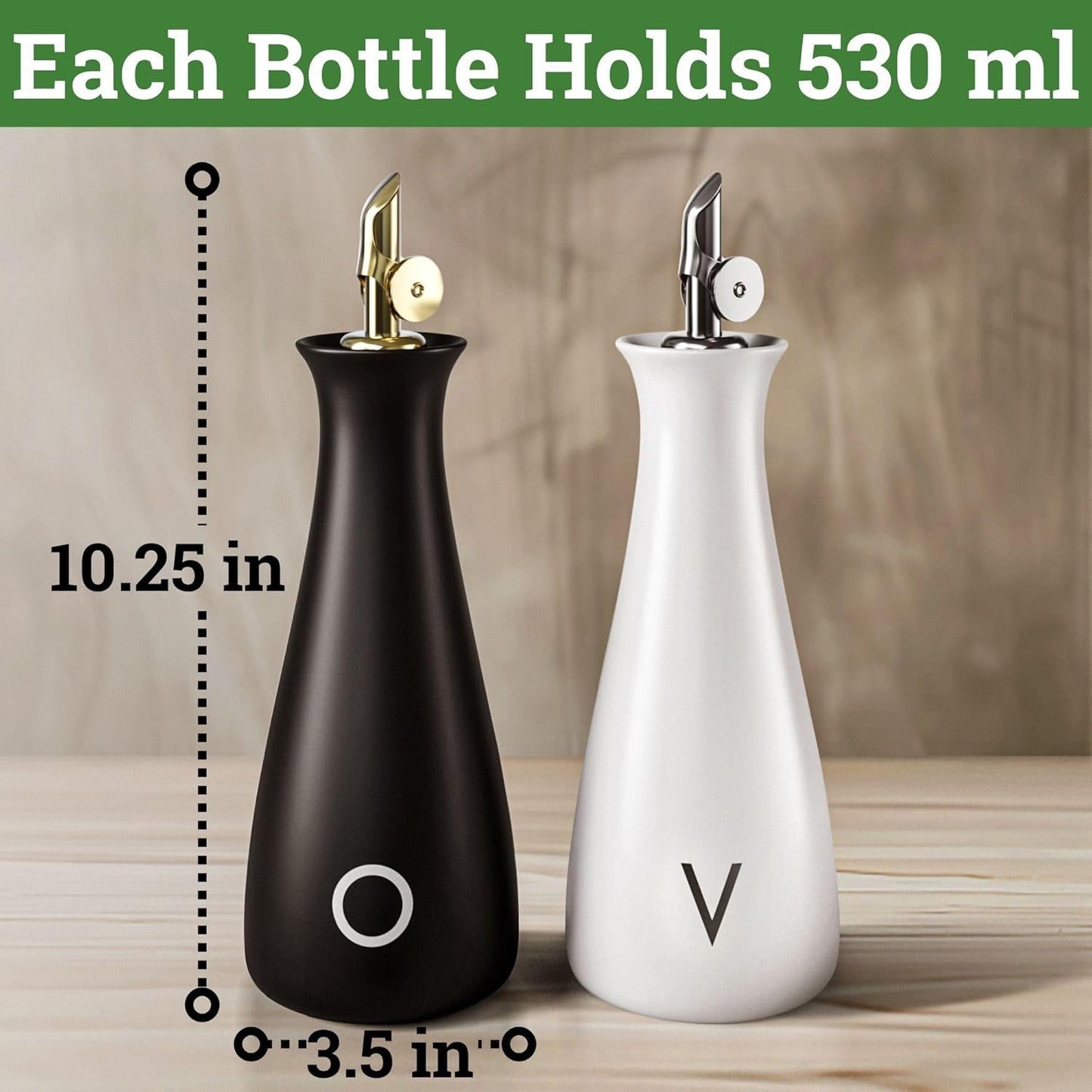 Ceramic Olive Oil Dispenser with Self-Closing Gold Spout, 530mL, Leakproof | Leak Proof EVOO Dispensing Bottle, Stainless Steel Self-Closing Spout, Ergonomic, Durable, Easy Pour, Stylish, 530mL Capacity