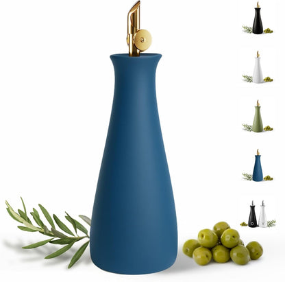 Ceramic Olive Oil Dispenser with Self-Closing Gold Spout, 530mL, Leakproof | Leak Proof EVOO Dispensing Bottle, Stainless Steel Self-Closing Spout, Ergonomic, Durable, Easy Pour, Stylish, 530mL Capacity