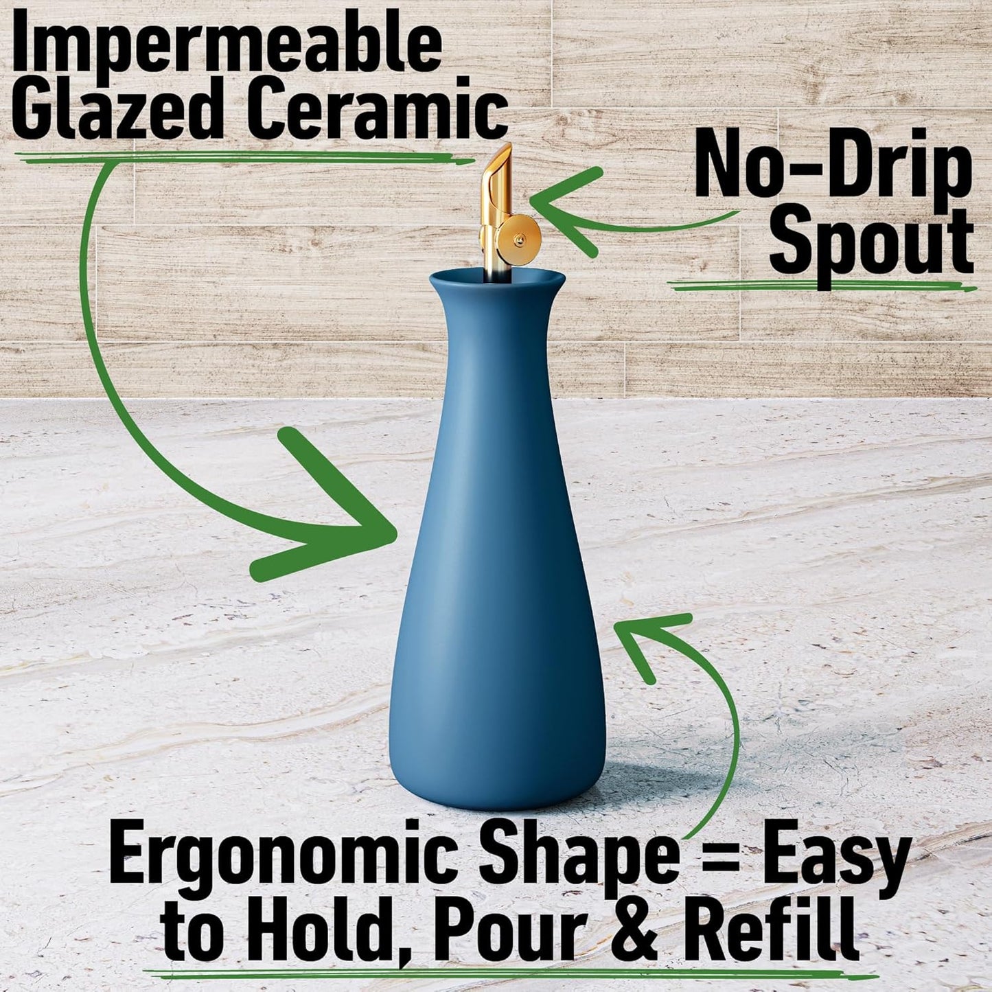 Ceramic Olive Oil Dispenser with Self-Closing Gold Spout, 530mL, Leakproof | Leak Proof EVOO Dispensing Bottle, Stainless Steel Self-Closing Spout, Ergonomic, Durable, Easy Pour, Stylish, 530mL Capacity
