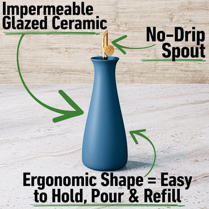 Ceramic Olive Oil Dispenser with Self-Closing Gold Spout, 530mL, Leakproof | Leak Proof EVOO Dispensing Bottle, Stainless Steel Self-Closing Spout, Ergonomic, Durable, Easy Pour, Stylish, 530mL Capacity