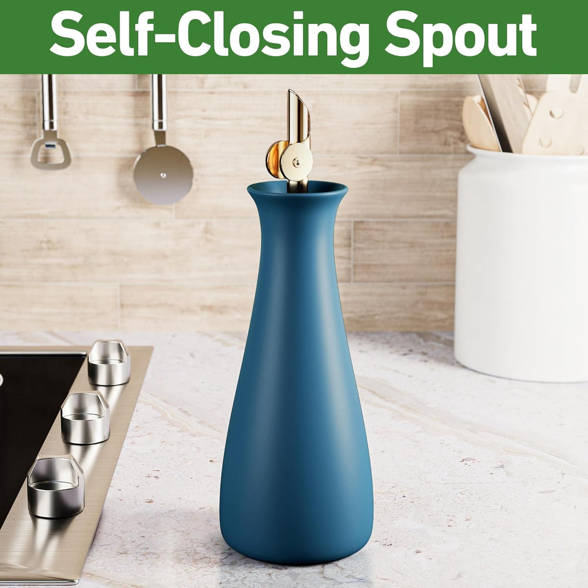 Ceramic Olive Oil Dispenser with Self-Closing Gold Spout, 530mL, Leakproof | Leak Proof EVOO Dispensing Bottle, Stainless Steel Self-Closing Spout, Ergonomic, Durable, Easy Pour, Stylish, 530mL Capacity