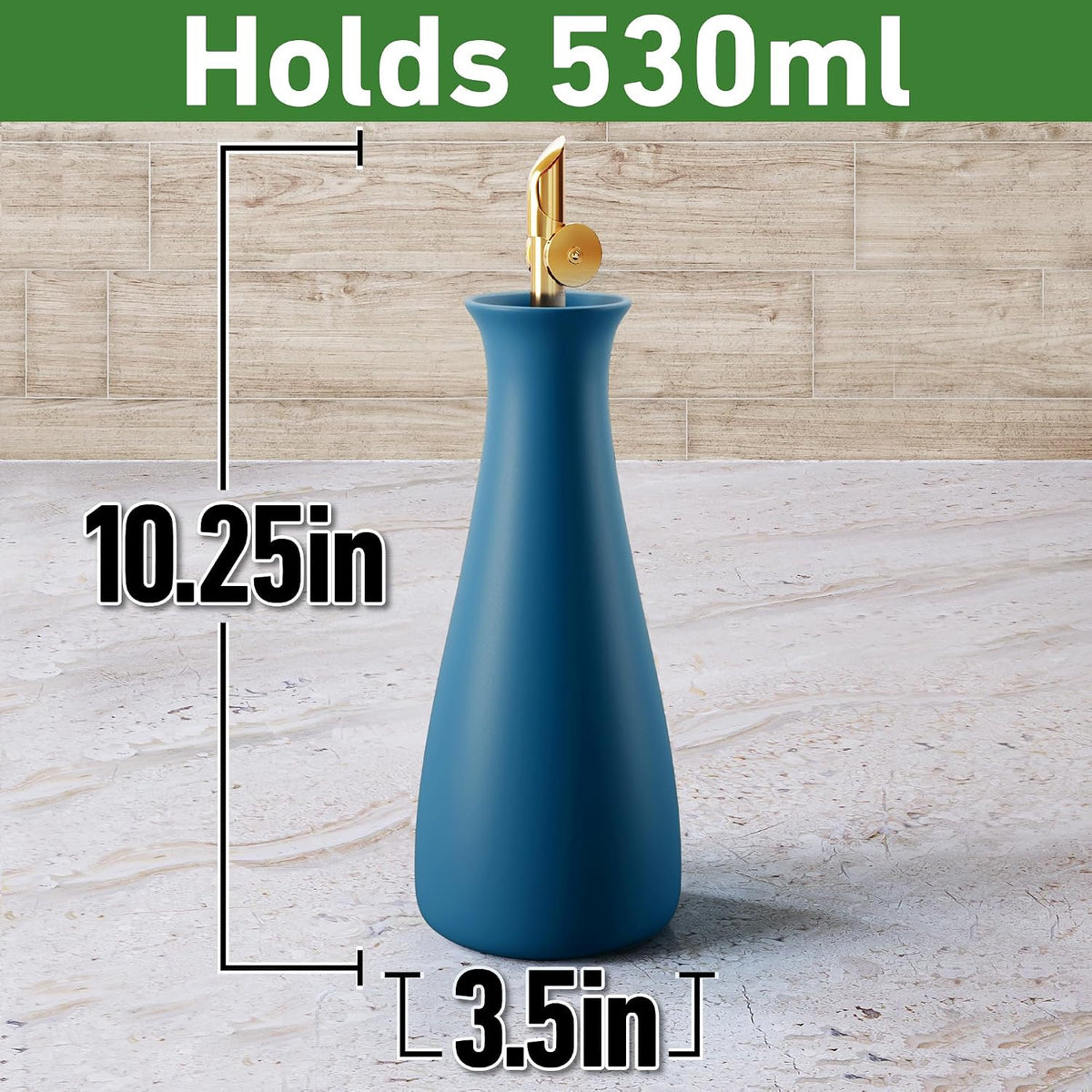 Ceramic Olive Oil Dispenser with Self-Closing Gold Spout, 530mL, Leakproof | Leak Proof EVOO Dispensing Bottle, Stainless Steel Self-Closing Spout, Ergonomic, Durable, Easy Pour, Stylish, 530mL Capacity