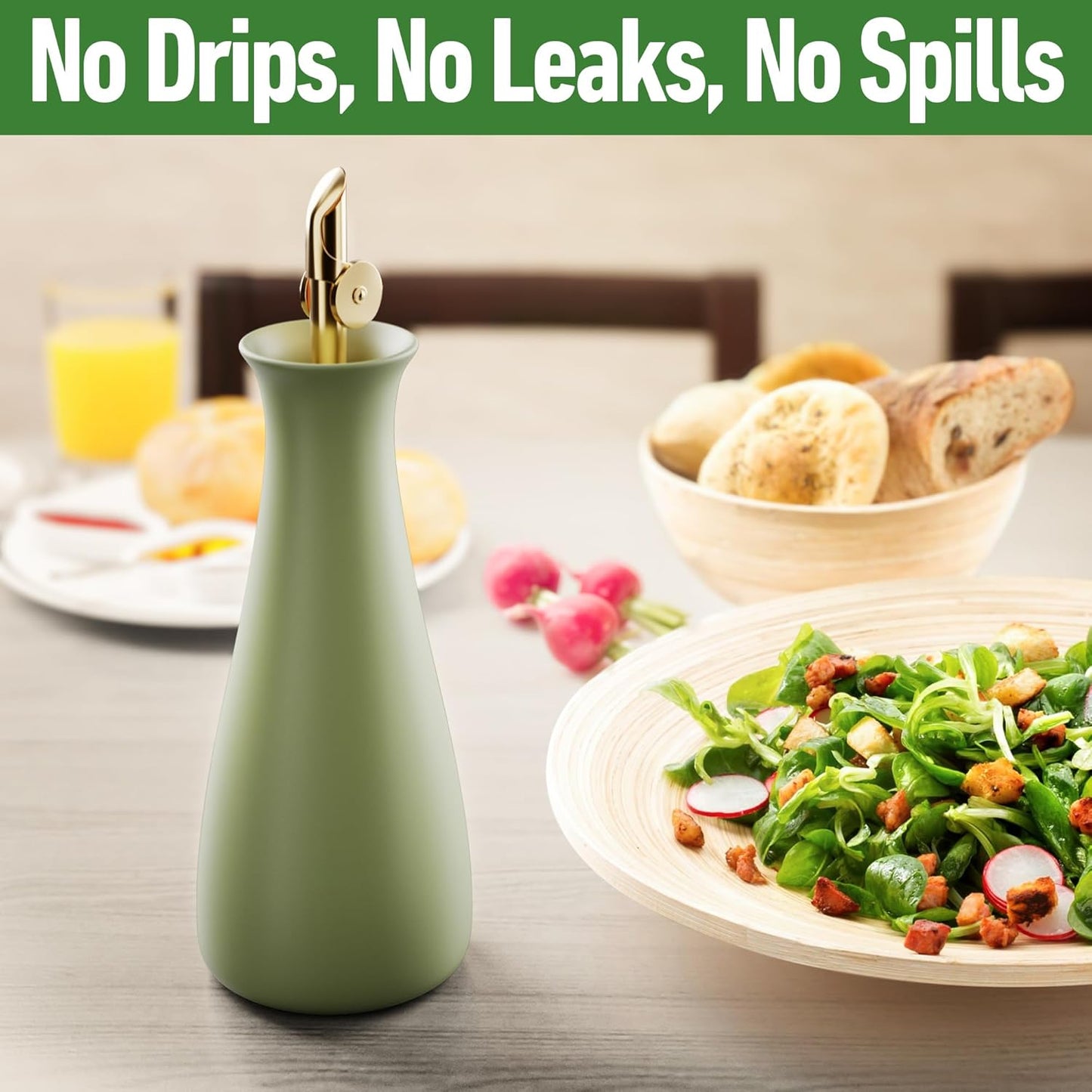 Ceramic Olive Oil Dispenser with Self-Closing Gold Spout, 530mL, Leakproof | Leak Proof EVOO Dispensing Bottle, Stainless Steel Self-Closing Spout, Ergonomic, Durable, Easy Pour, Stylish, 530mL Capacity