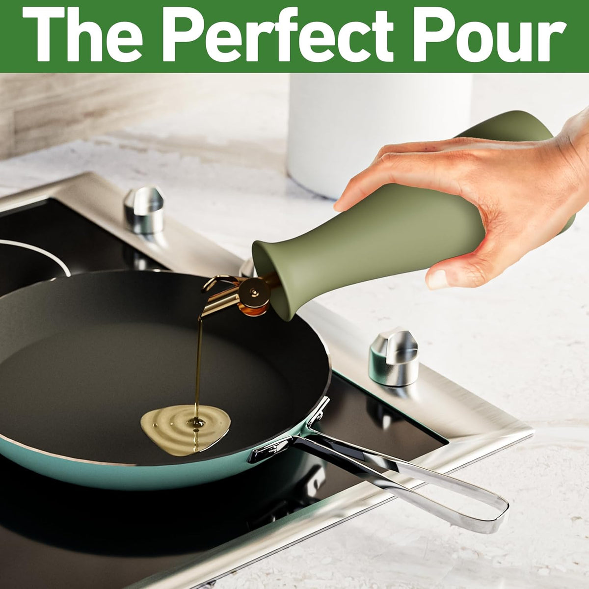 Ceramic Olive Oil Dispenser with Self-Closing Gold Spout, 530mL, Leakproof | Leak Proof EVOO Dispensing Bottle, Stainless Steel Self-Closing Spout, Ergonomic, Durable, Easy Pour, Stylish, 530mL Capacity