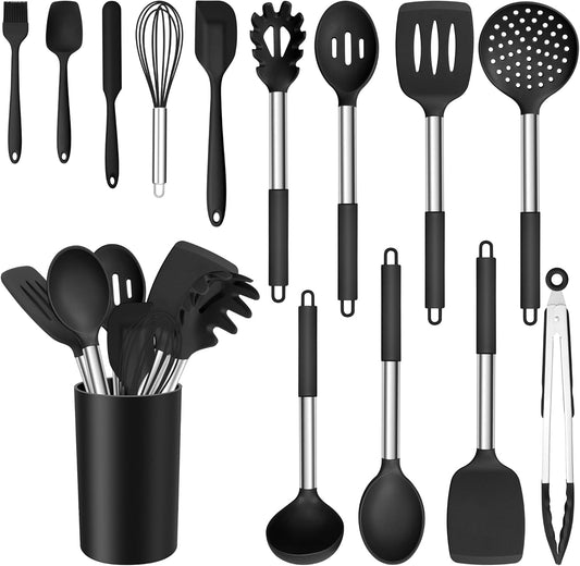 14 Pieces Silicone Cooking Utensils Set, Kitchen Utensils Set with Holder, Spatula, Ladle, Spoon, Tong, Slotted Turner for Nonstick Cookware, Heat Resistant & Stainless Steel Handle, Black