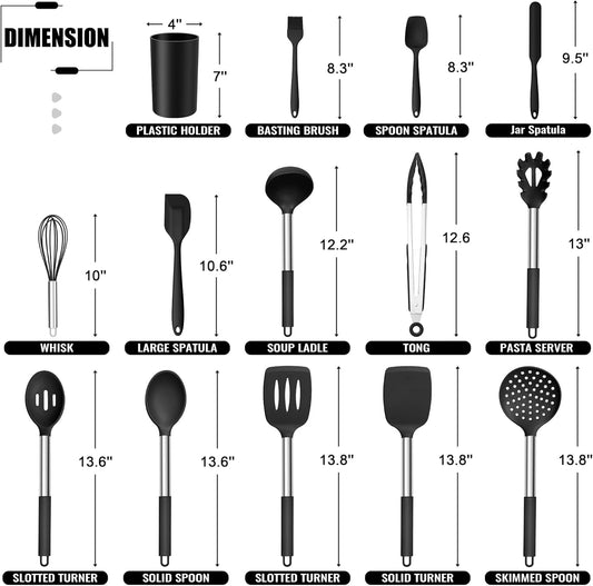 14 Pieces Silicone Cooking Utensils Set, Kitchen Utensils Set with Holder, Spatula, Ladle, Spoon, Tong, Slotted Turner for Nonstick Cookware, Heat Resistant & Stainless Steel Handle, Black