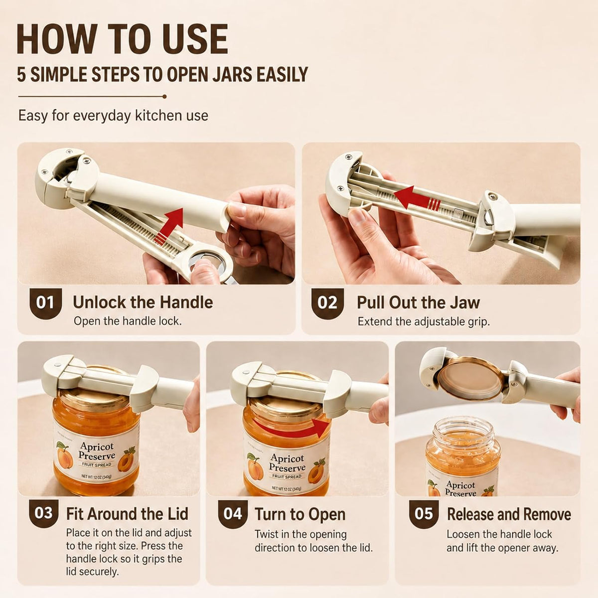 3 in 1 Adjustable Jar Opener for Tight Lids, Retractable Stainless Steel Grip Teeth, Bottle Cap & Pop Tab Opener, Easy Grip Kitchen Lid Remover Tool
