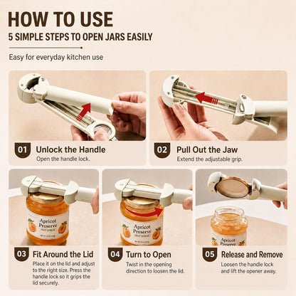 3 in 1 Adjustable Jar Opener for Tight Lids, Retractable Stainless Steel Grip Teeth, Bottle Cap & Pop Tab Opener, Easy Grip Kitchen Lid Remover Tool