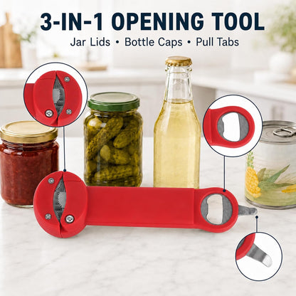 3 in 1 Adjustable Jar Opener for Tight Lids, Retractable Stainless Steel Grip Teeth, Bottle Cap & Pop Tab Opener, Easy Grip Kitchen Lid Remover Tool