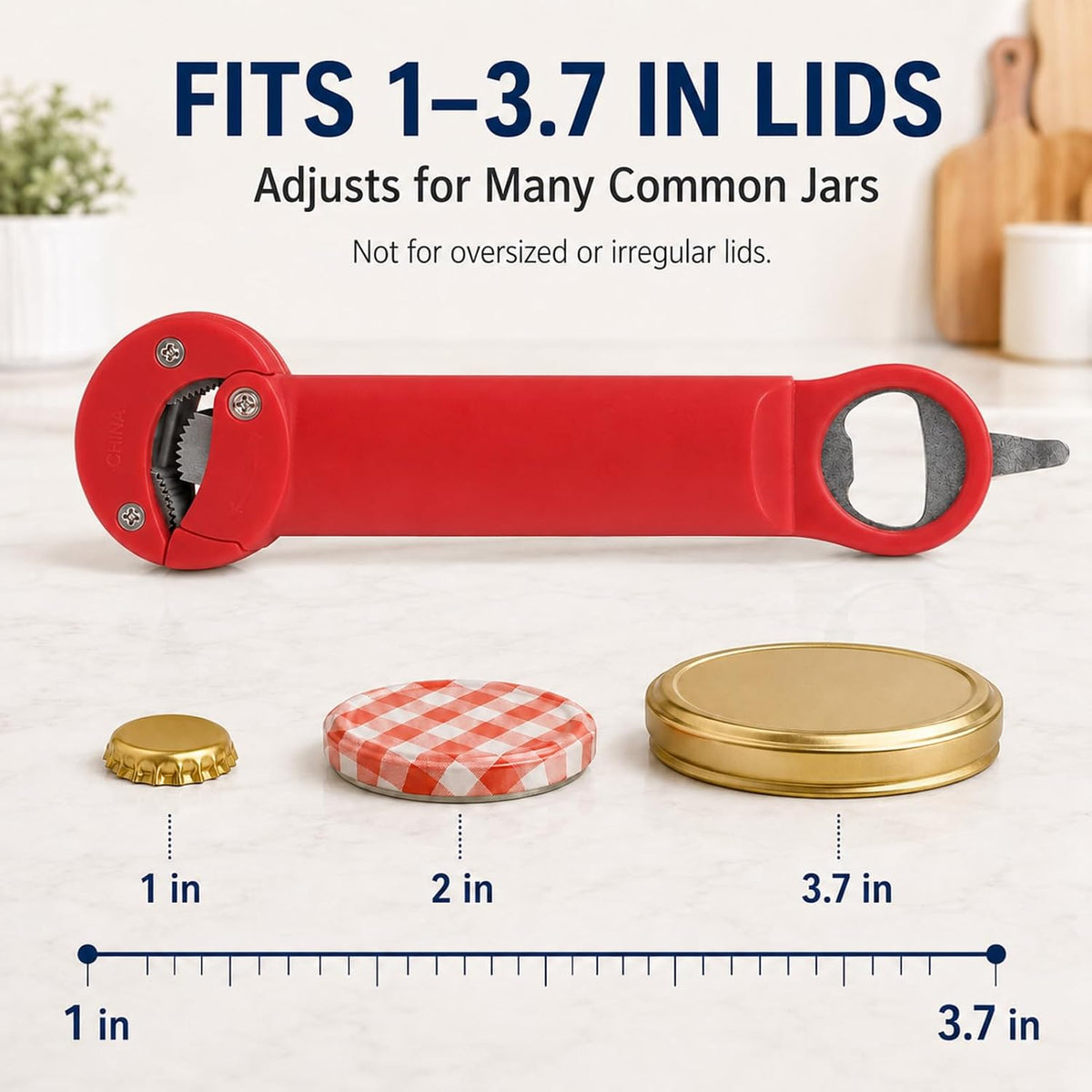 3 in 1 Adjustable Jar Opener for Tight Lids, Retractable Stainless Steel Grip Teeth, Bottle Cap & Pop Tab Opener, Easy Grip Kitchen Lid Remover Tool