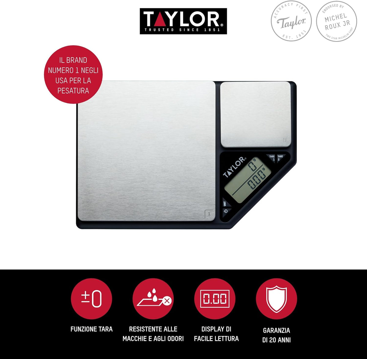 KitchenCraft Digital Kitchen Scale Dual Platform, Pro Professional Standard, Precision Accuracy and Tare Function, Brushed Stainless Steel, 5kg Capacity Black/Silver