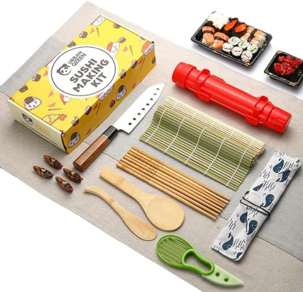 Sushi Making Kit 18 in 1 Sushi Bazooka Roller Set for Beginners with Mats, Sushi Knife, Chopsticks, Spreader, Avocado Slicer, Paddle, Cotton Bag Easy Machine Maker Homemade Kitchen Utensil 9 Tools