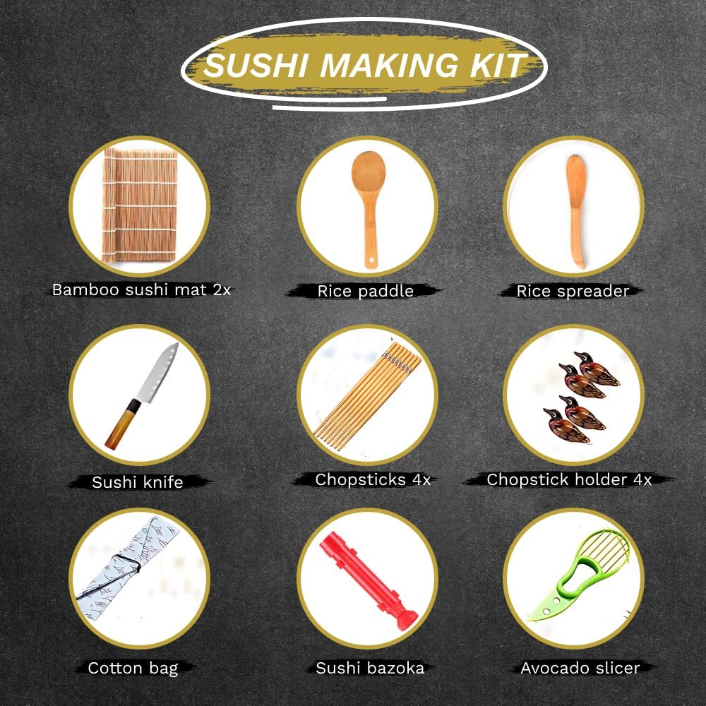 Sushi Making Kit 18 in 1 Sushi Bazooka Roller Set for Beginners with Mats, Sushi Knife, Chopsticks, Spreader, Avocado Slicer, Paddle, Cotton Bag Easy Machine Maker Homemade Kitchen Utensil 9 Tools