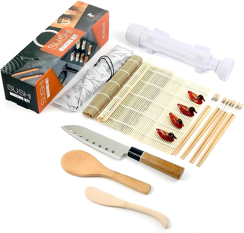 Sushi Making Kit 18 in 1 Sushi Bazooka Roller Set for Beginners with Mats, Sushi Knife, Chopsticks, Spreader, Avocado Slicer, Paddle, Cotton Bag Easy Machine Maker Homemade Kitchen Utensil 9 Tools