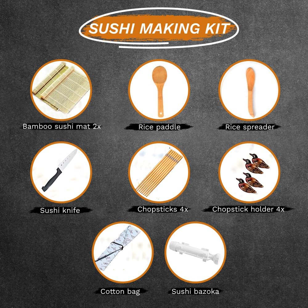 Sushi Making Kit 18 in 1 Sushi Bazooka Roller Set for Beginners with Mats, Sushi Knife, Chopsticks, Spreader, Avocado Slicer, Paddle, Cotton Bag Easy Machine Maker Homemade Kitchen Utensil 9 Tools