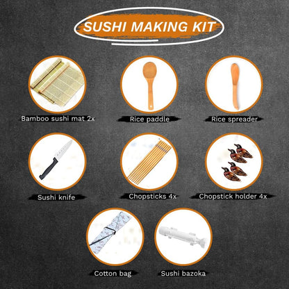 Sushi Making Kit 18 in 1 Sushi Bazooka Roller Set for Beginners with Mats, Sushi Knife, Chopsticks, Spreader, Avocado Slicer, Paddle, Cotton Bag Easy Machine Maker Homemade Kitchen Utensil 9 Tools