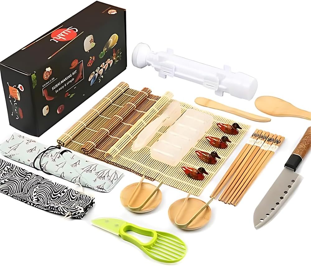 Sushi Making Kit 18 in 1 Sushi Bazooka Roller Set for Beginners with Mats, Sushi Knife, Chopsticks, Spreader, Avocado Slicer, Paddle, Cotton Bag Easy Machine Maker Homemade Kitchen Utensil 9 Tools