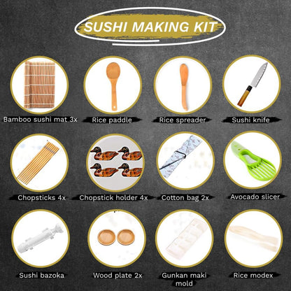 Sushi Making Kit 18 in 1 Sushi Bazooka Roller Set for Beginners with Mats, Sushi Knife, Chopsticks, Spreader, Avocado Slicer, Paddle, Cotton Bag Easy Machine Maker Homemade Kitchen Utensil 9 Tools