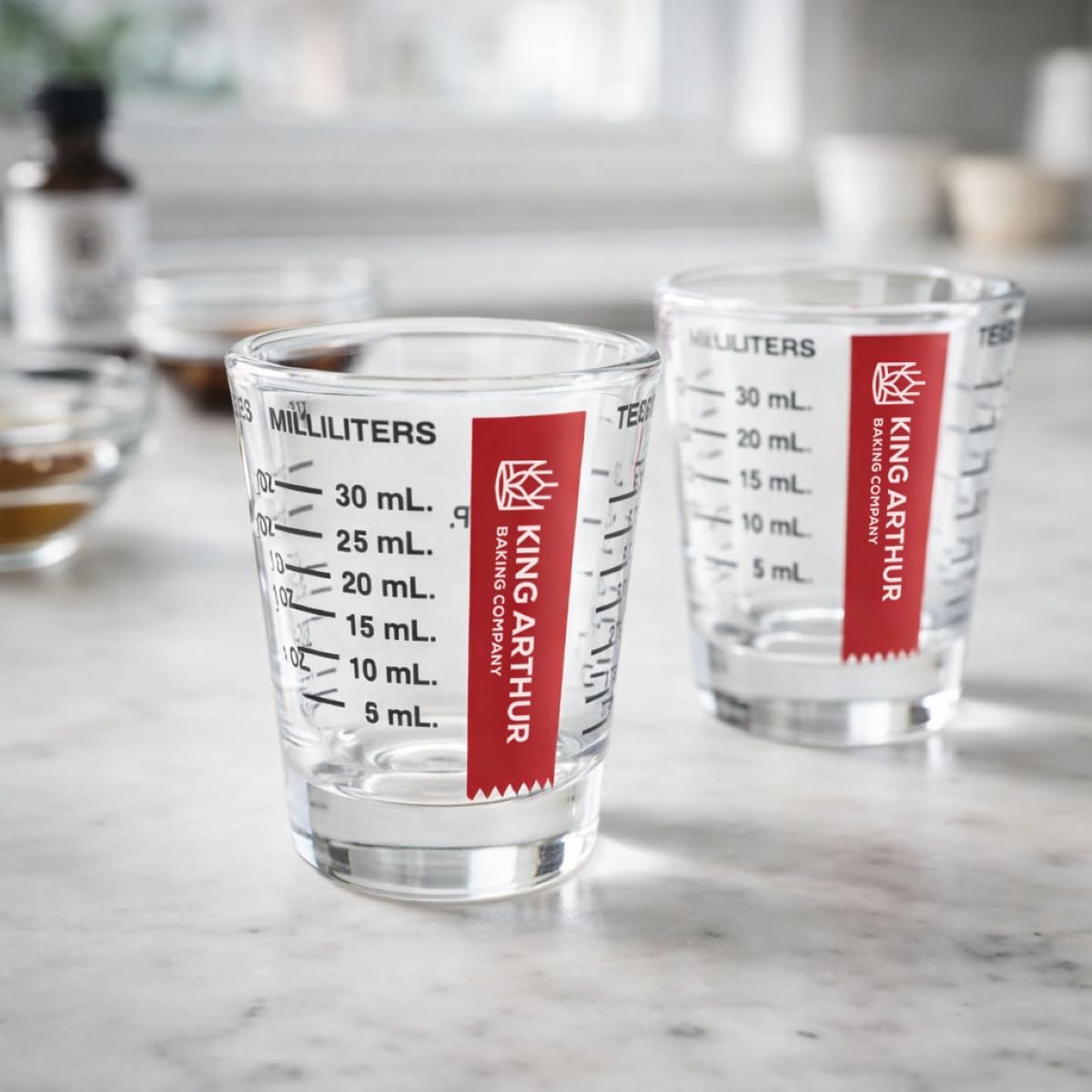 Baking Company Mini Measure Multi-Purpose Shot Glass, Heavyweight Glass, Black, Set Of 2, For Liquid And Dry Ingredients And Precise Recipe Prep
