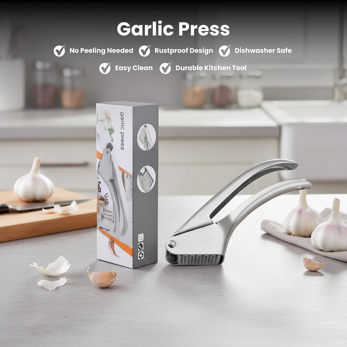 Garlic Press Stainless Steel – Heavy Duty No-Peel Garlic Crusher & Mincer, High Capacity Chamber, Rust-Free 304 Steel, Easy Clean & Dishwasher Safe Clove Crusher & Hand Mincer