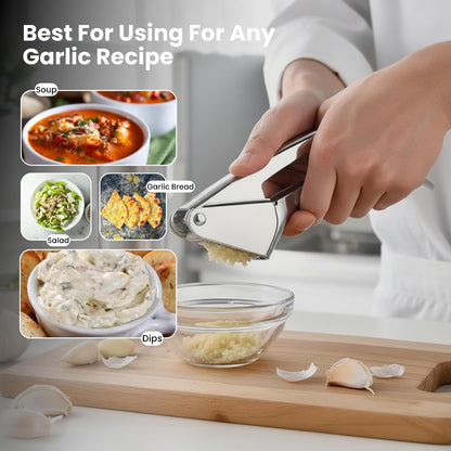 Garlic Press Stainless Steel – Heavy Duty No-Peel Garlic Crusher & Mincer, High Capacity Chamber, Rust-Free 304 Steel, Easy Clean & Dishwasher Safe Clove Crusher & Hand Mincer